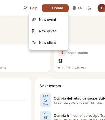 What Sofía can create (the “Comercial y eventos” profile).