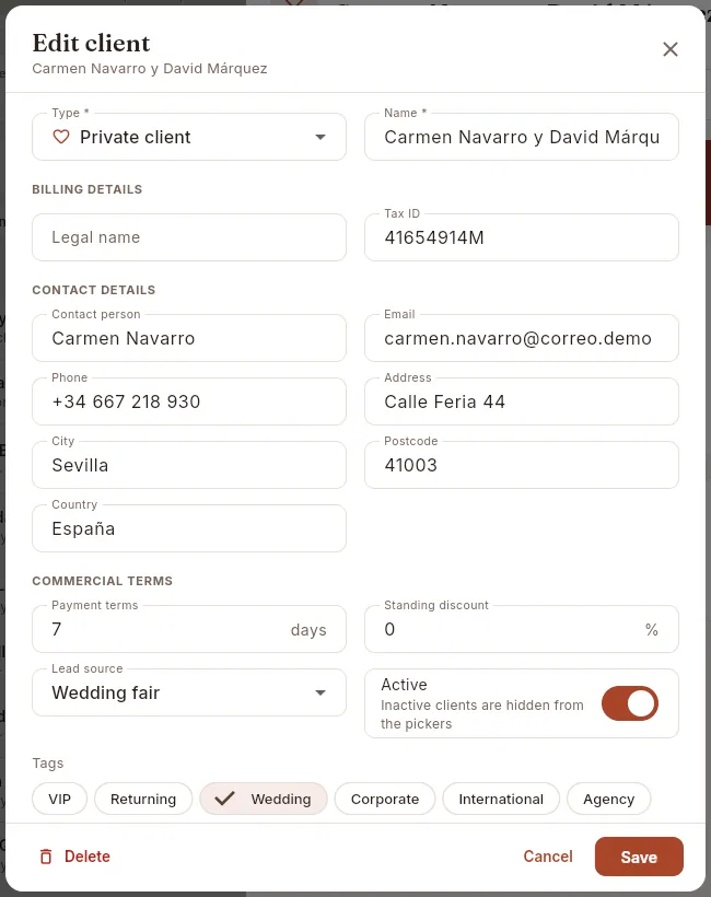 The form for editing a client.