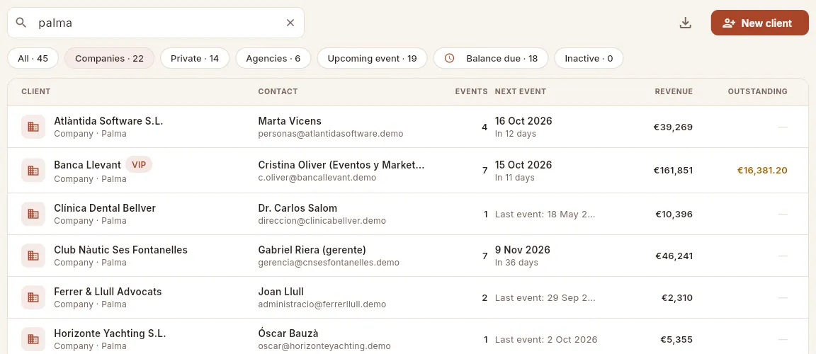Searching and filtering at once: companies whose text contains “palma”.