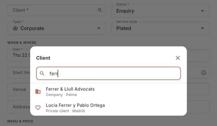 Choosing a client from an event's form.