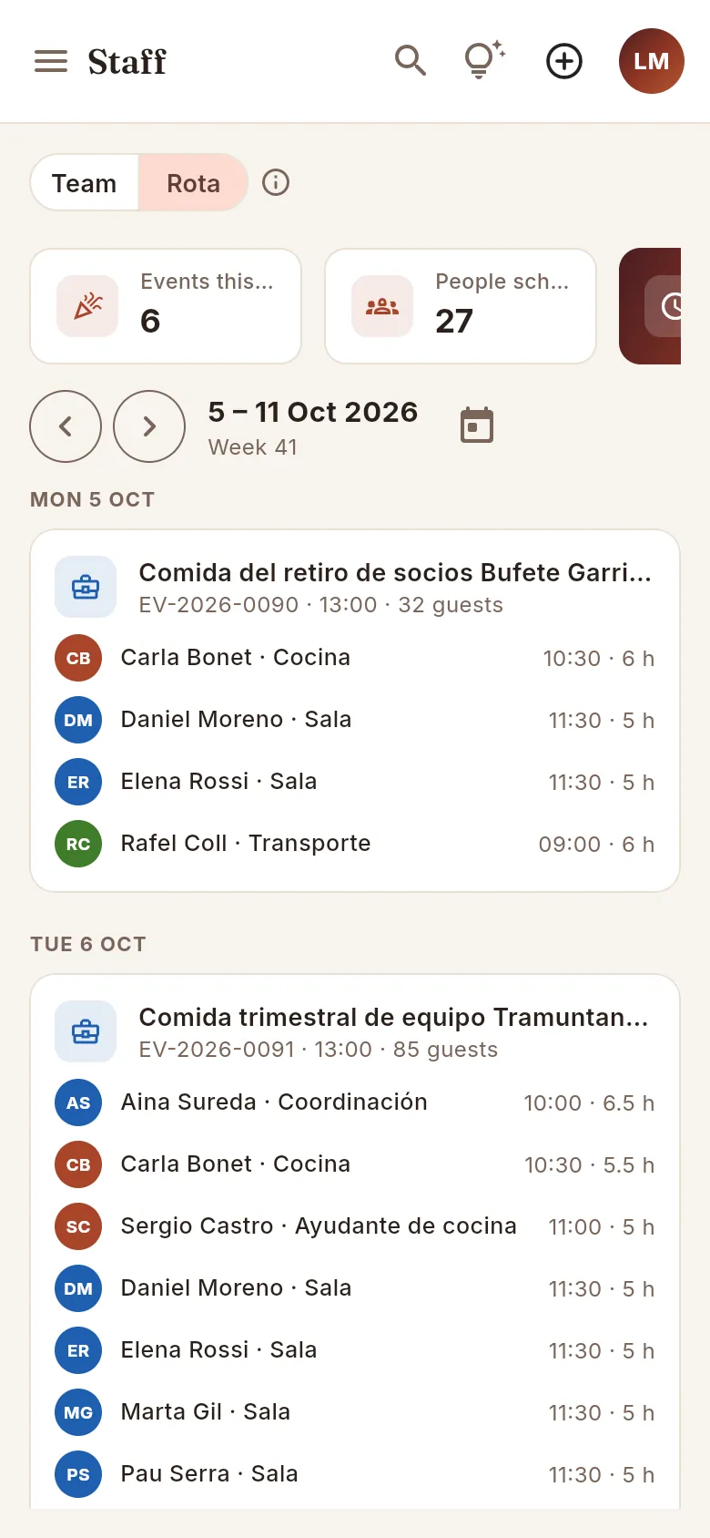 The rota on a phone: the week as an agenda, day by day.