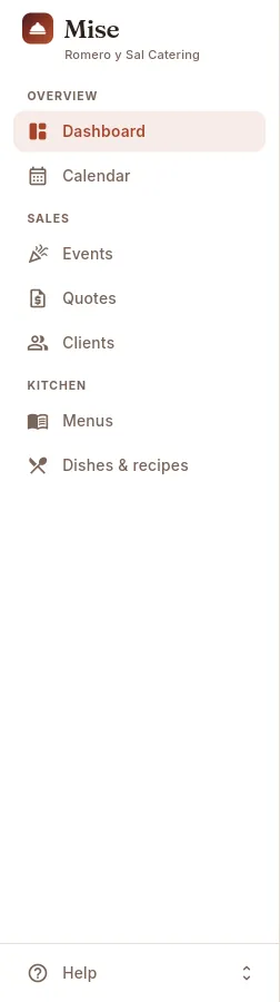 The menu of the Comercial y eventos profile.