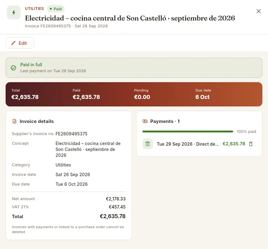 An expense with no supplier (electricity), already paid by direct debit.