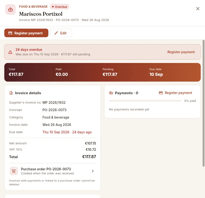 An overdue purchase invoice: it comes from a received order.