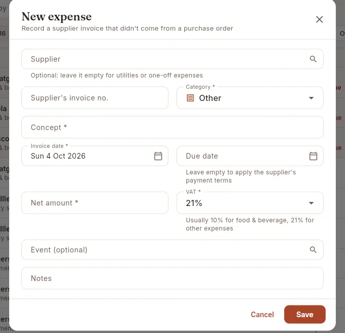 New expense: a supplier invoice that doesn't come from an order.