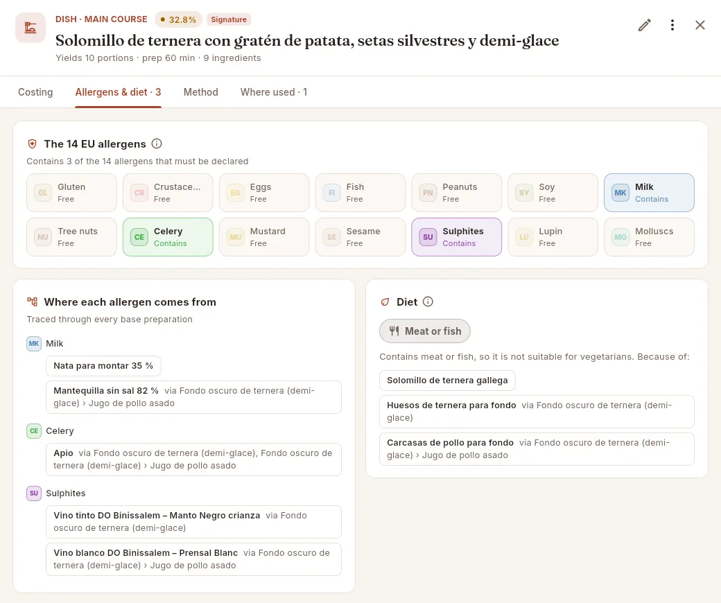 The Allergens & diet tab of the fillet steak.