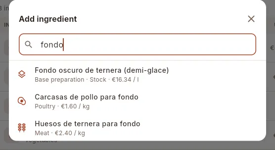 The Add ingredient search, with “fondo” typed.
