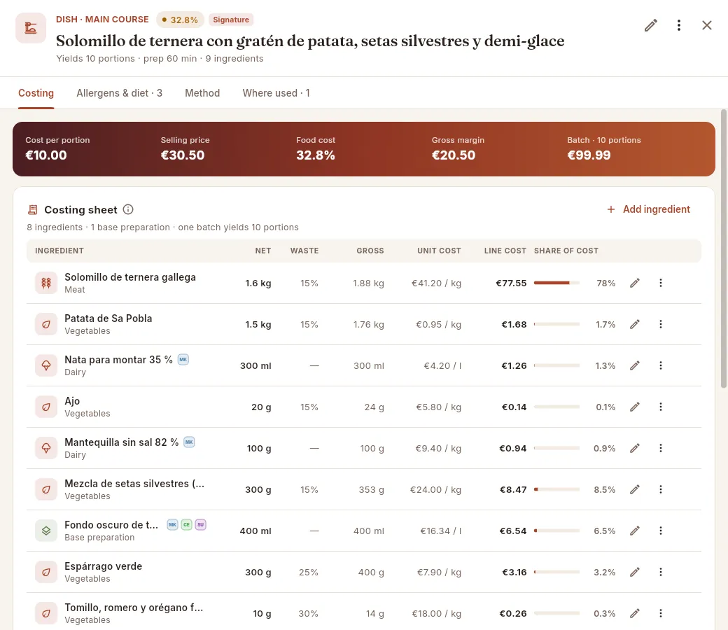 The page of a dish, on the Costing tab.