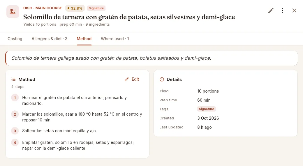 The Method tab: the description, the steps and the dish details.
