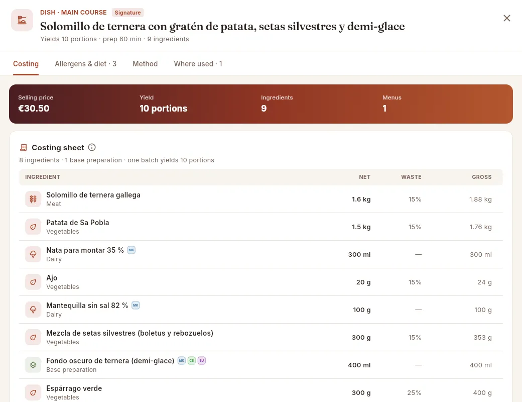 The same dish seen with the Sales & events profile: no costs, with the selling price.