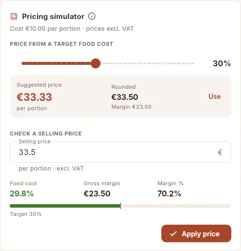 The fillet steak pricing simulator, after clicking “Use” (the price is not saved until you click “Apply price”).