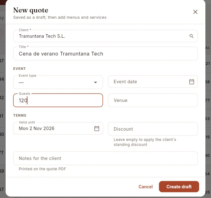 The “New quote” form, half filled in (it isn't saved).