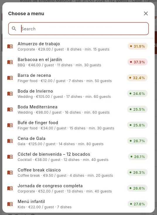 “Add menu”: the active menus with their price and food cost.