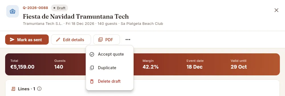 A draft, with the “More options” menu open.