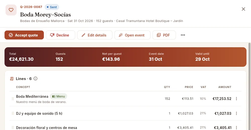 The same quote as seen by the “Sales & events” profile: no costs or margins.