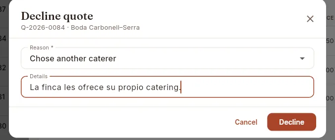 Declining a quote with its reason (it isn't saved).