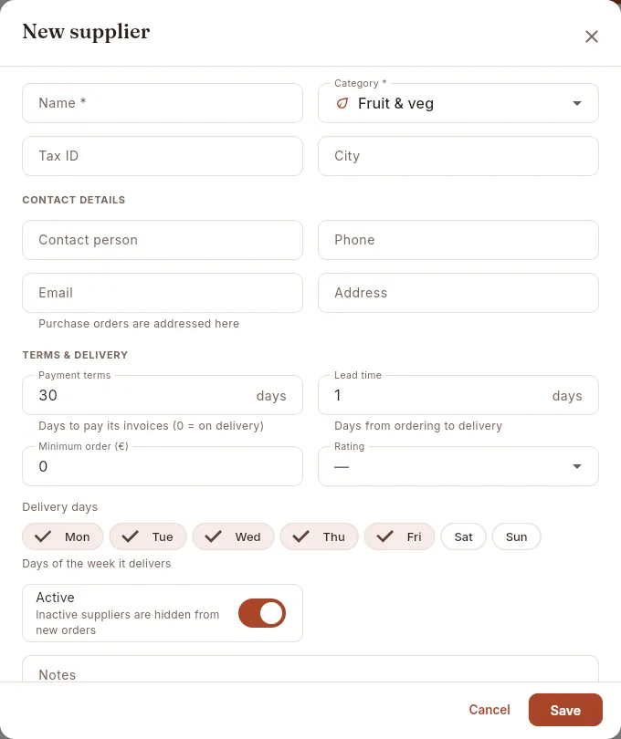 Adding a supplier (the edit form is the same, with its details).