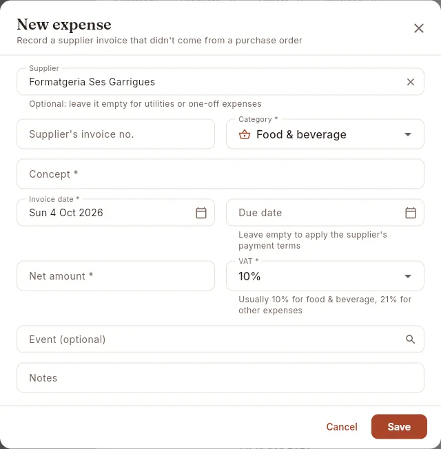New supplier invoice from its file: it is recorded as an expense in Payables.
