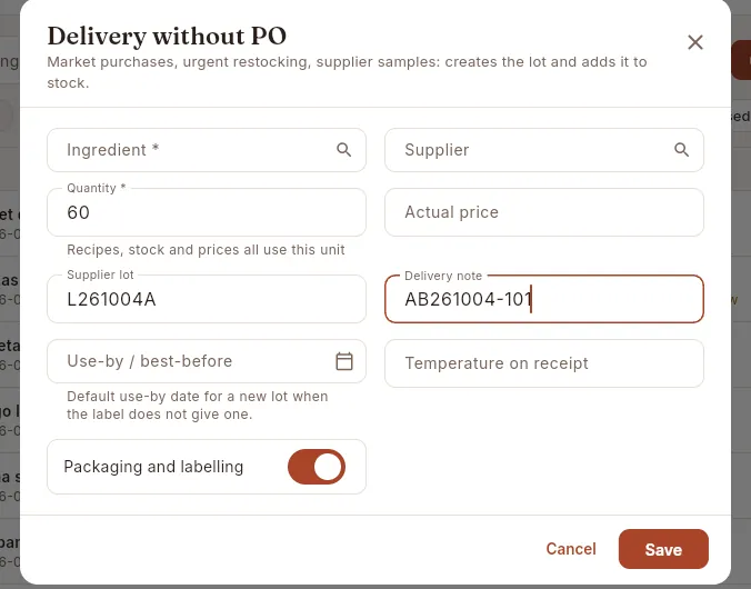 The delivery-without-PO form, half filled in (not saved).