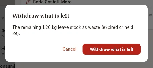 Withdrawing what is left of an expired lot: the confirmation, before accepting it.