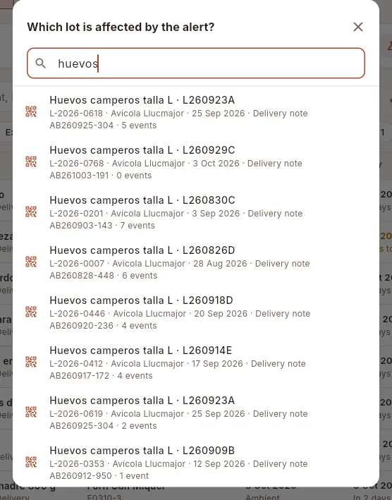 The drill starts by choosing the lot: here, searching for “huevos”.