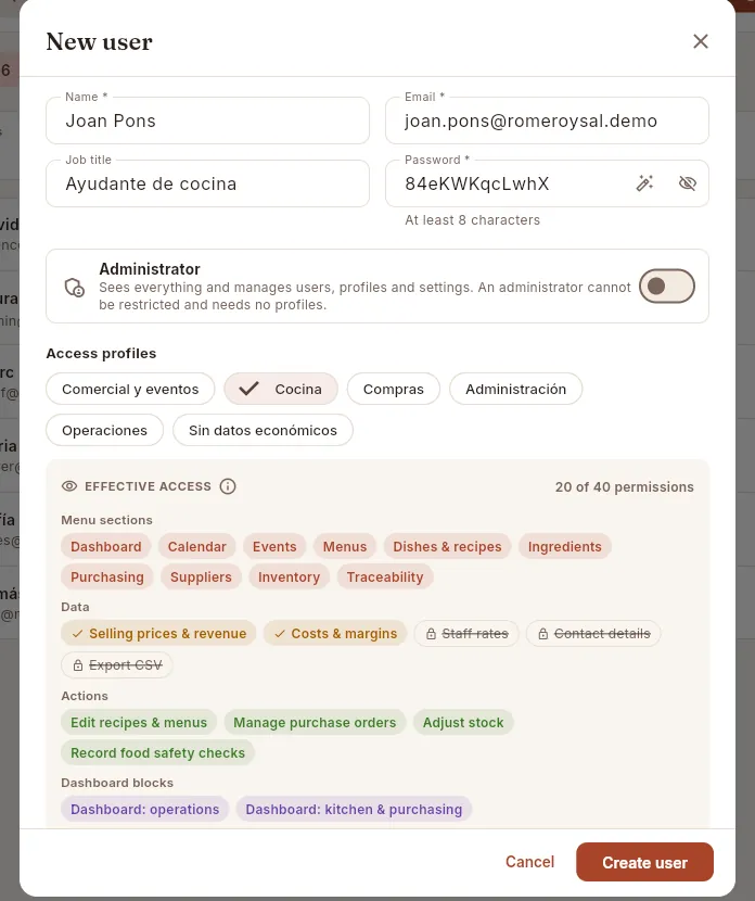 Adding a user with the Cocina profile: the Effective access box shows what they will be able to see and do.