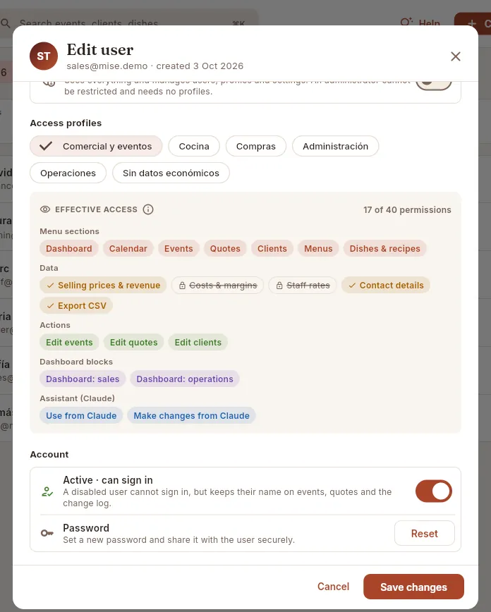 A user's record, scrolled down to their account.