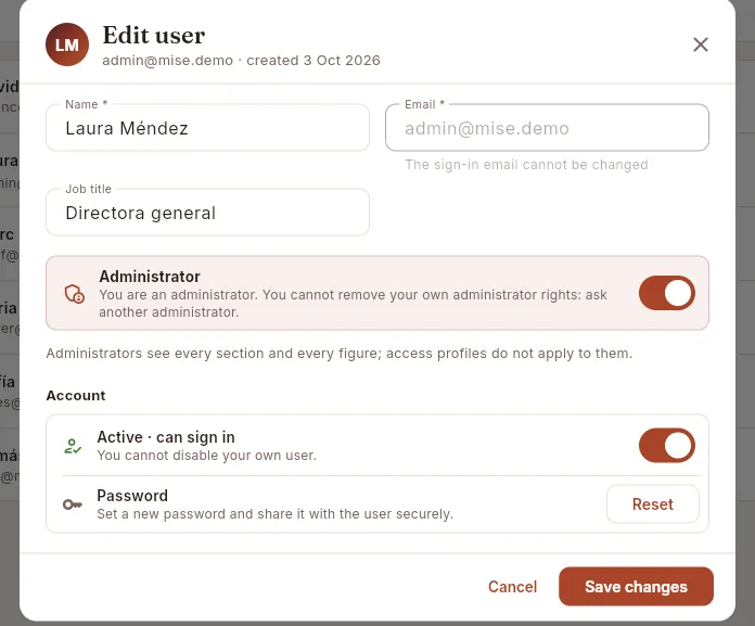 Your own administrator record: you cannot remove your own administrator rights or disable yourself.