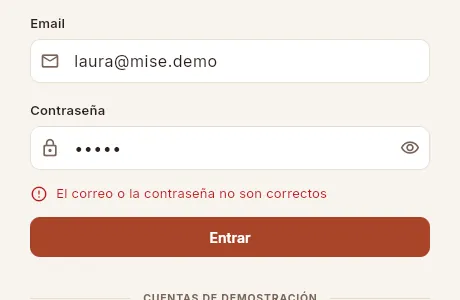 Si el email o la contraseña no son correctos, Mise lo dice debajo del formulario.