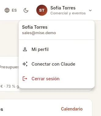 El menú de Sofía (perfil «Comercial y eventos»): sin Usuarios ni Configuración.