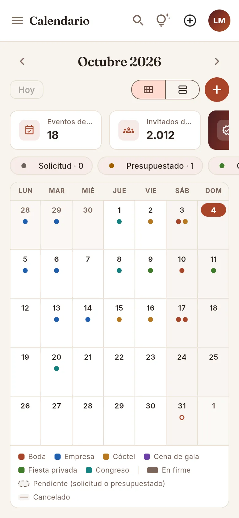 La vista de mes en el móvil: un punto por evento.