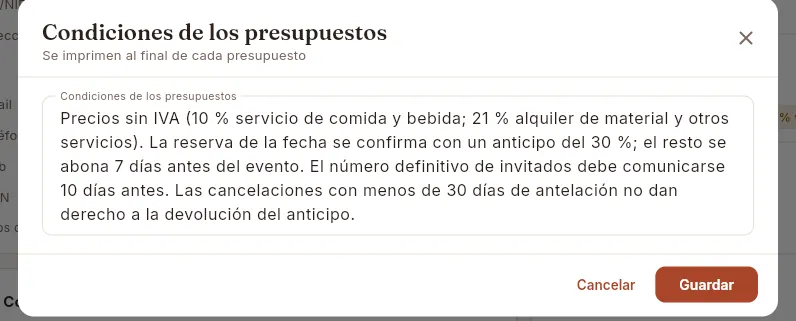 Editar las condiciones que salen en cada presupuesto.