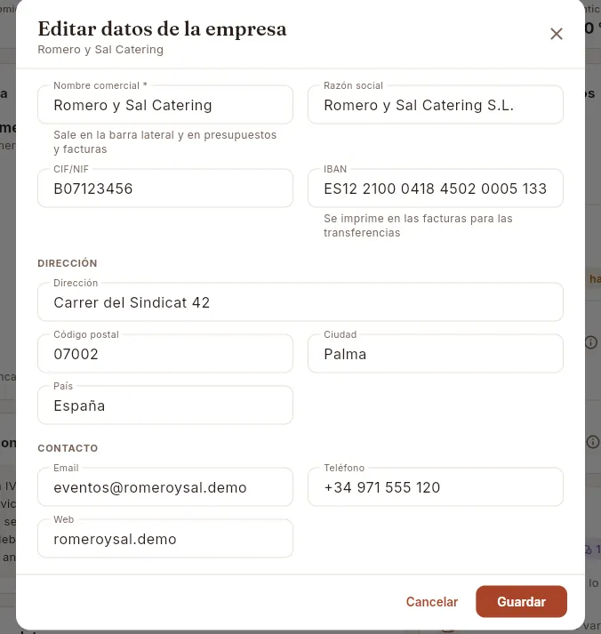 El formulario con los datos de la empresa.