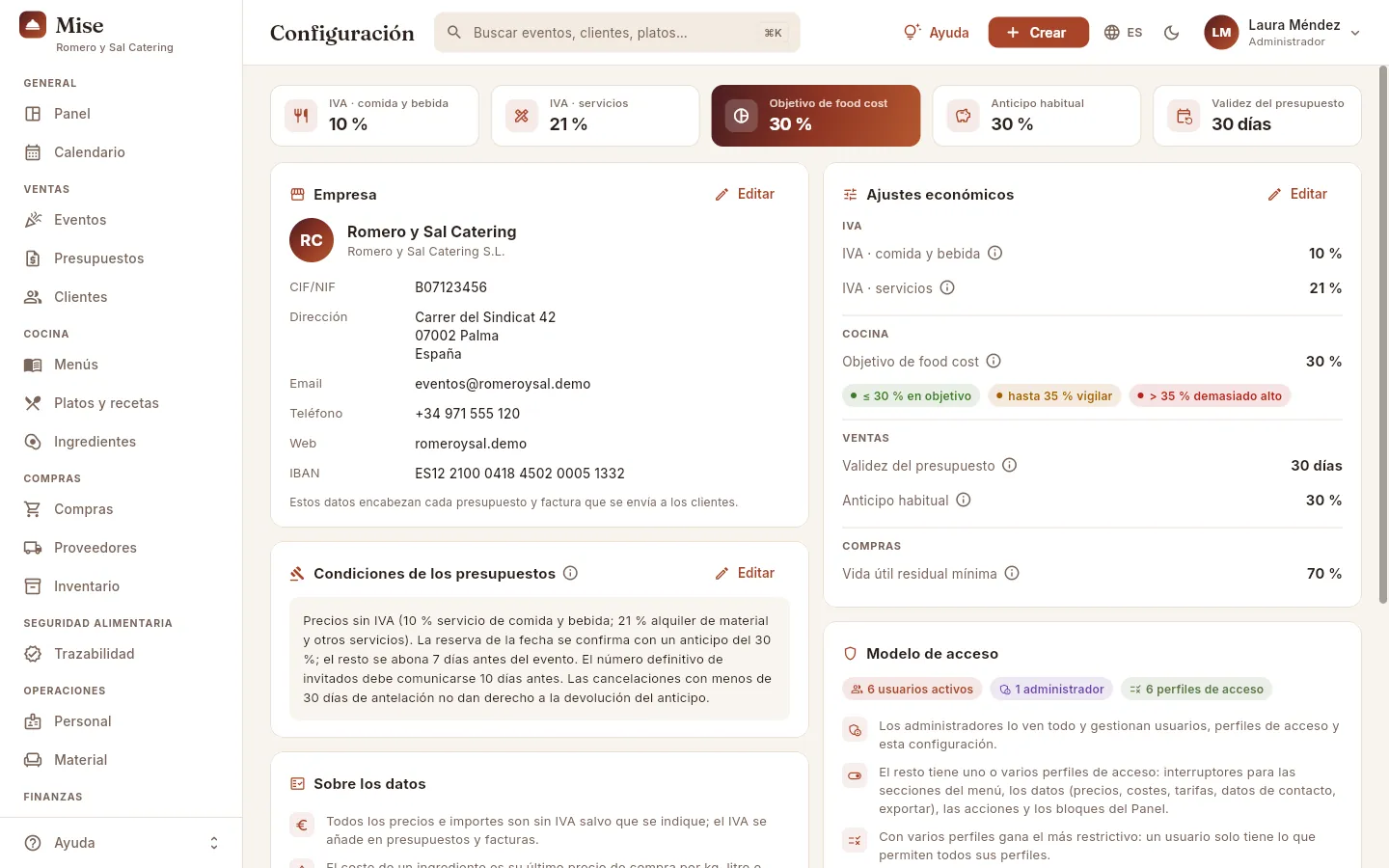 Configuración: los valores principales arriba y, debajo, una tarjeta por cada bloque con su botón Editar.