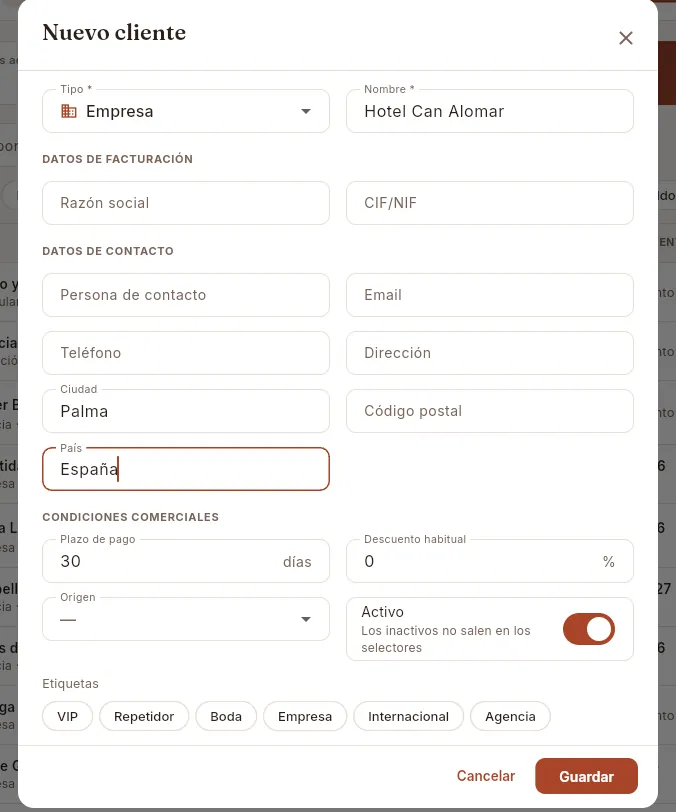 El formulario «Nuevo cliente» (no se guarda).