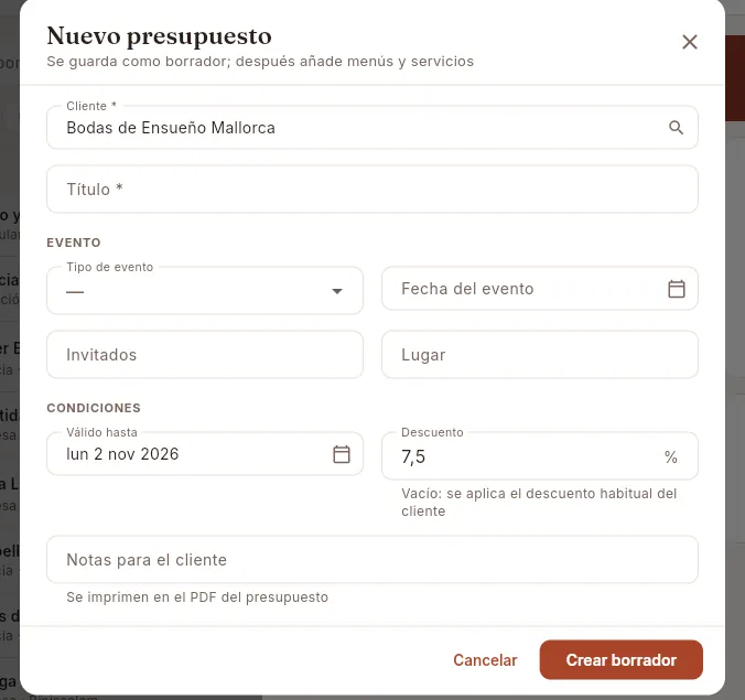 «Nuevo presupuesto» desde la ficha de la agencia: el cliente y su descuento ya vienen puestos.