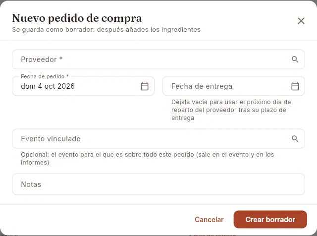 Alta de un pedido: se guarda como borrador y después se le añaden los ingredientes.