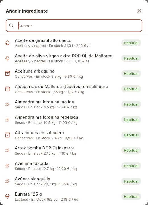 Elegir el ingrediente que se añade: primero los que sirve este proveedor.