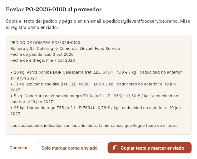 Enviar el pedido: Mise prepara el texto para mandarlo por email, WhatsApp o teléfono.