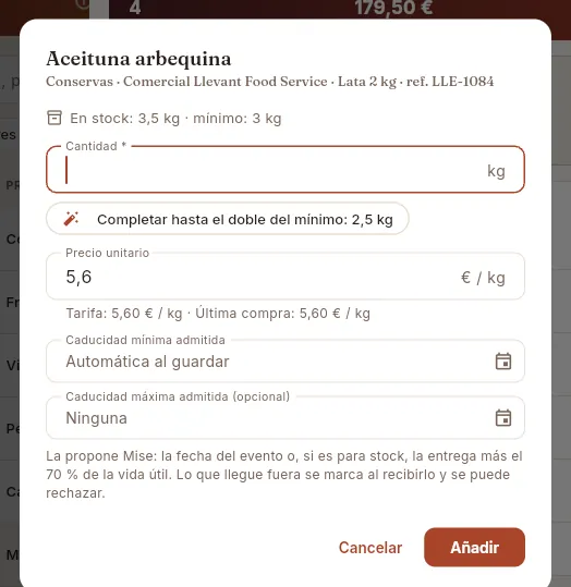 Línea nueva: cantidad, precio y caducidad admitida.