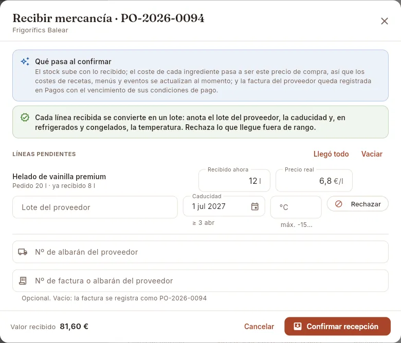 Recibir el resto de un pedido de congelados que llegó en parte.
