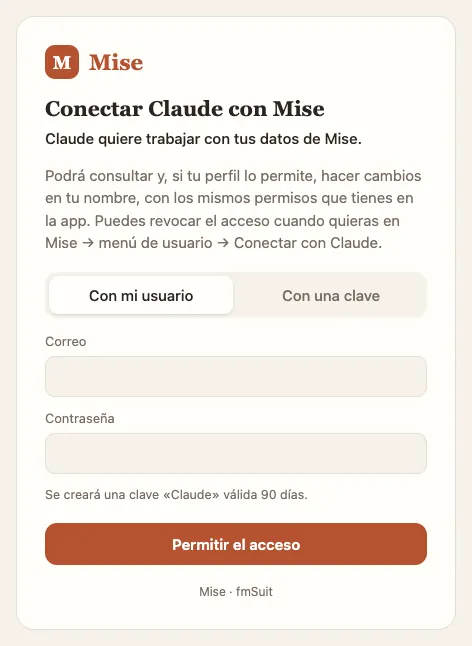 La página de Mise que abre Claude al pulsar «Conectar»: con tu usuario…