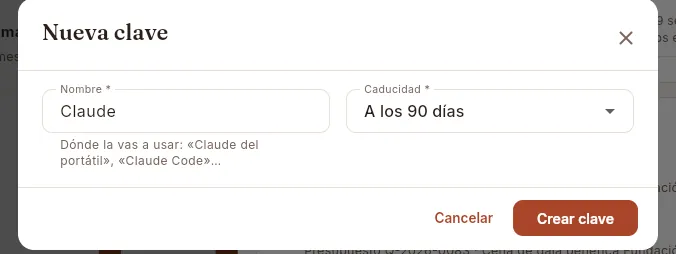Una clave nueva: su nombre y cuándo caduca.