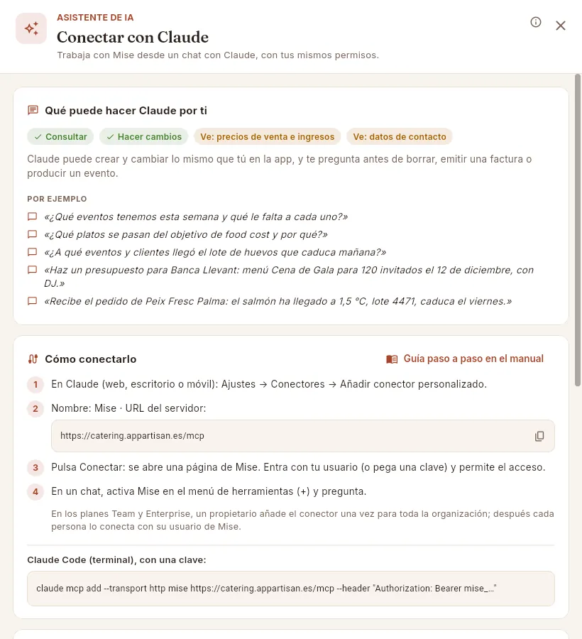 El panel «Conectar con Claude» de Sofía, del perfil Comercial y eventos.