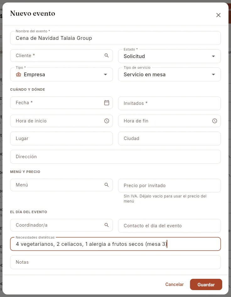 El formulario «Nuevo evento» (sin guardar).