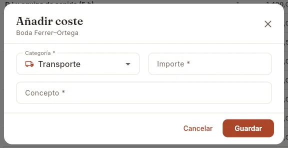 Formulario «Añadir coste» (sin guardar).