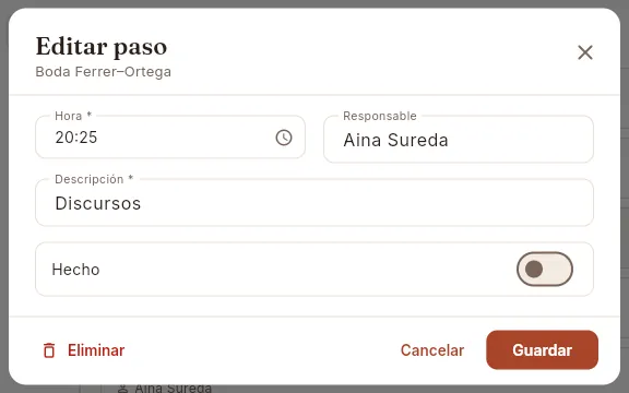 Editar un paso de la escaleta (sin guardar).