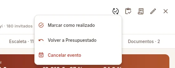 El menú «Cambiar estado» de un evento confirmado.