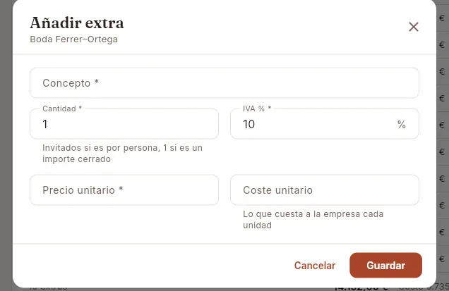 Formulario «Añadir extra» (sin guardar).