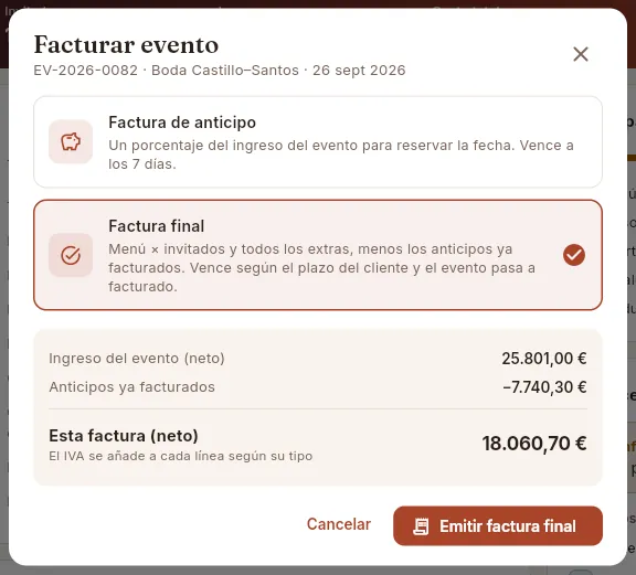 Factura final de un evento ya celebrado (sin emitir).